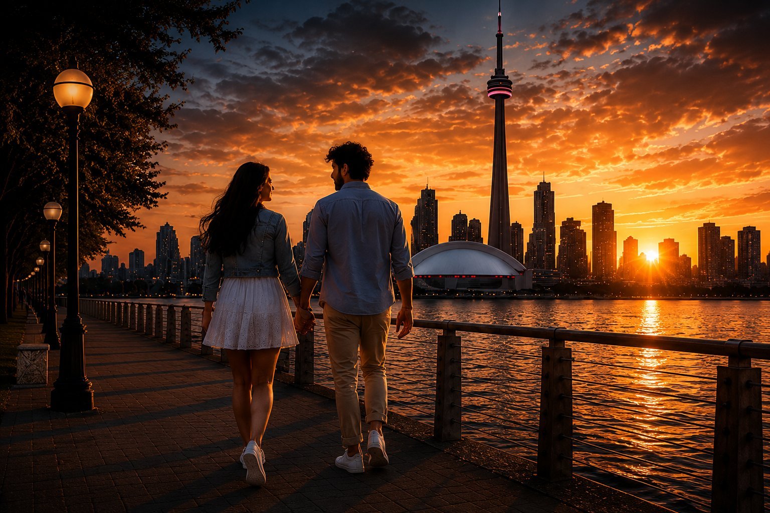 Couple walking along a waterfront promenade at sunset with a city skyline in the background