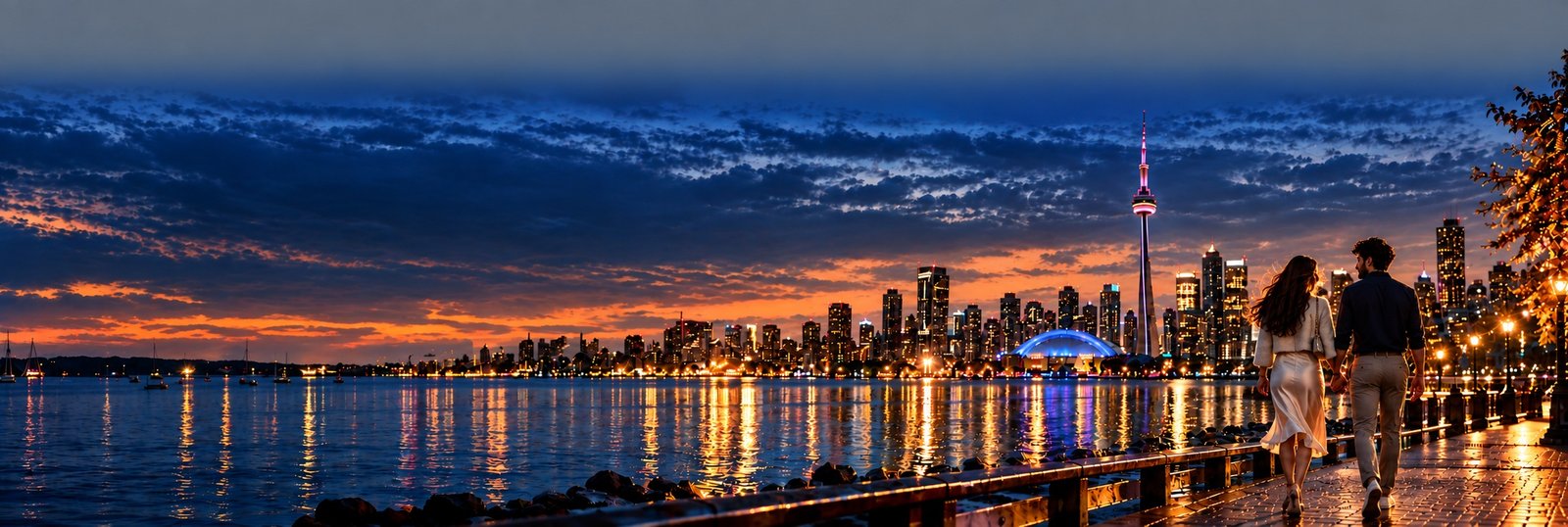 City skyline and waterfront at night