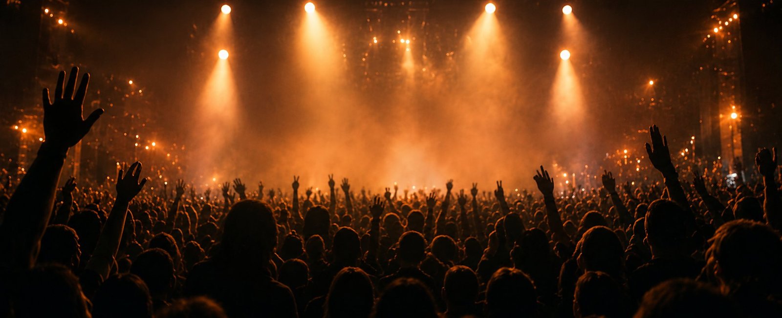 Crowd with raised hands at a concert under stage lights